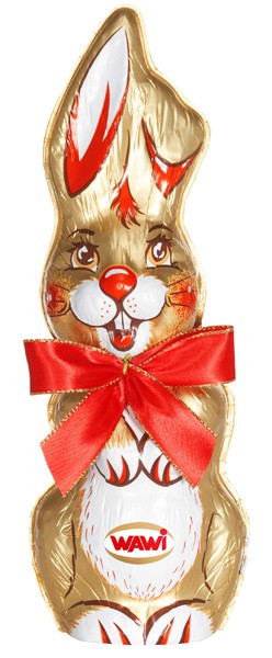 "Osterhase aus Edelvollmilch Schokolade in hochwertiger gold Staniolfolie verpackt und mit rot-goldener Satinschleife dekoriert"